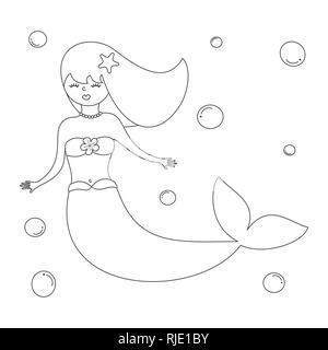 Cute cartoon noir et blanc bulles et mermaid vector illustration pour l'art à colorier Illustration de Vecteur