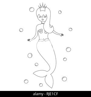 Cute cartoon noir et blanc illustration vecteur mermaid pour colorier art Illustration de Vecteur