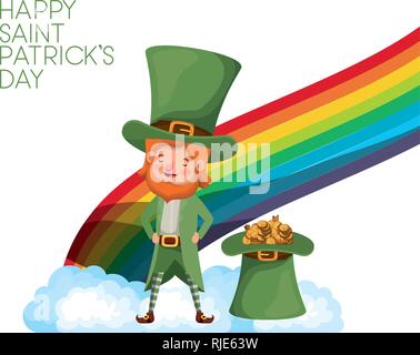 Happy Saint Patrick's day label avec leprechaun et rainbow Illustration de Vecteur