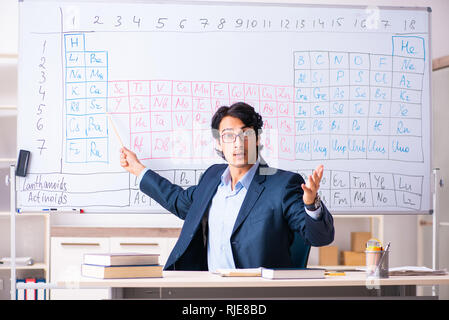 Jeune homme enseignant de chimie en face de tableau périodique Banque D'Images