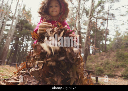 Adorable petite fille la collecte des feuilles dans une forêt en automne Banque D'Images