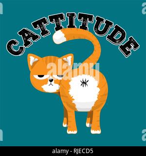 Cattitude -un mot qui décrit un chat avec une mauvaise attitude. Malgré cela, cette caricature d'orange tabby cat est tout simplement adorable. Grognon mais adorable. Illustration de Vecteur