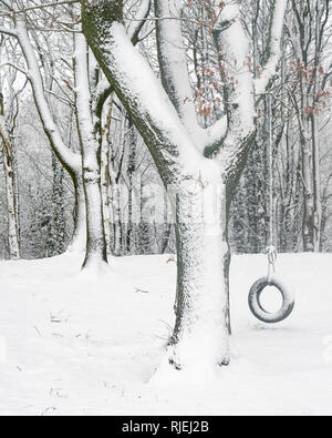 Childs balançoire pneu ayant de l'arbre, couvert de neige, Cheshire, Royaume-Uni Banque D'Images