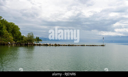 Vue du lac de Genève à partir de la rive de la rivière La Venoge, Préverenges, Suisse Banque D'Images