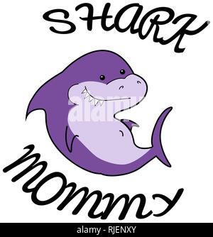Cartoon animal mer requin maman requin violet sur fond blanc. Douche de bébé mignon petit personnage pour l'impression sur les vêtements ou les cartes, invitations, affiches Illustration de Vecteur