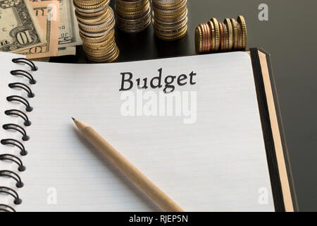 Concept de planification budgétaire. Le bloc-notes avec le texte du budget, de la planification financière Banque D'Images