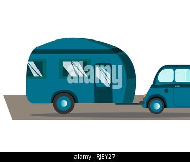 Billet dans une maison sur roues. Voiture rétro bleu avec camping ride sur un voyage, vector illustration. Illustration de Vecteur