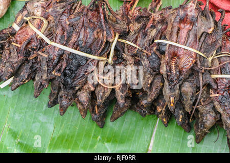 Champ de riz grillé rats sur des feuilles de banane dans le marché du matin. Banque D'Images