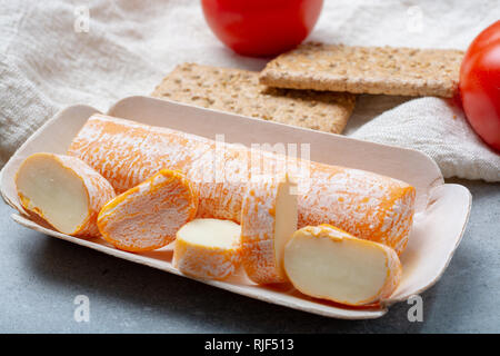 Fagotin avec fromage à croûte lavée de couleur orange fabriqué à partir de lait de vache dans des grottes de l'abbaye de Maredsous, Belgique close up Banque D'Images