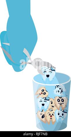 Les dents de la bande dessinée dans le verre avec la main à l'aide d'une pince Illustration de Vecteur