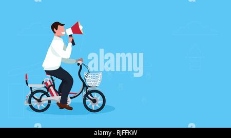 Le président businessman pointing vélo Vélo concept annonce guy riding bike homme personnage télévision horizontale pleine longueur Illustration de Vecteur