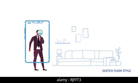 Businessman using mobile holding smiling face l'émotion au lieu de la tête de l'écran du smartphone salon moderne croquis d'intérieur style de débit Illustration de Vecteur