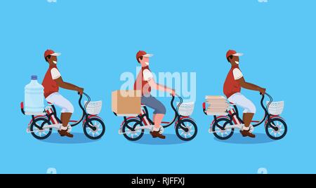 Mélanger la race des hommes transportant des messagers à vélo location de bouteille d'eau à colis express pizza concept livraison gars en uniforme riding bike homme cartoon Illustration de Vecteur