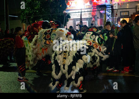 Los Angeles, Californie, USA. 4 Février, 2019. Danse du lion en face de l'Thein Hau Temple à minuit du Nouvel An lunaire 2019. La célébration en plein air s'est produit au cours de la pluie. Credit : Rommel Canlas/Alamy Live News Banque D'Images