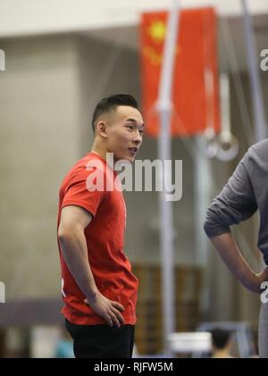 (190206) -- BEIJING, 6 février 2019 (Xinhua) -- Ruoteng Xiao chinois de l'équipe de gymnastique artistique national assiste à une session de formation à Beijing, capitale de Chine, le 6 février 2018. (Xinhua/Jia Haocheng) Banque D'Images