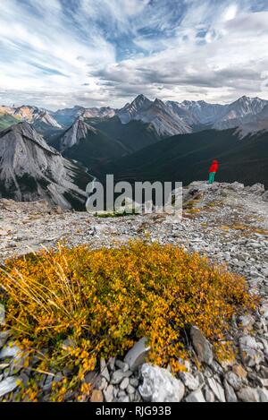 Female hiker sur le dessus de la teneur en soufre du sentier Skyline, une vue sur la vallée de la rivière et du paysage de montagne, vue panoramique, gamme Nikassin Banque D'Images