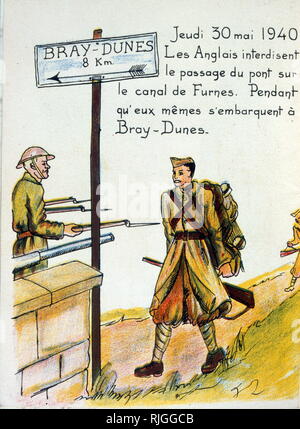 La propagande de l'occupation française illustration soldat britannique gardant l'évacuation de Dunkerque. L'Opération Dynamo, l'évacuation des troupes alliées de Dunkerque, 340 000 commence. Le déménagement va durer jusqu'au 3 juin sous un bombardement violent par la Luftwaffe Banque D'Images