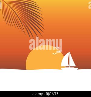 Coucher du soleil en mer nature paysage avec voilier et la feuille de palmier orange background vector illustration Illustration de Vecteur