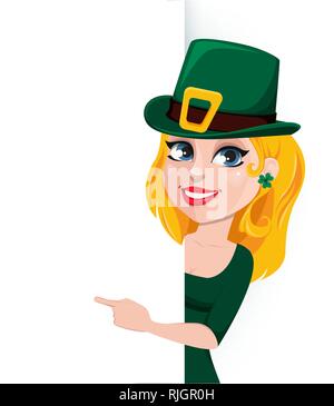 Belle cute woman célèbre le Jour de la Saint Patrick. Jolie femme personnage en costume de lutin des points sur l'espace de copie. Vector illustration Illustration de Vecteur