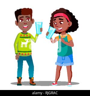 Deux Afro-américains les enfants de boire un verre de lait biologique vecteur. Illustration isolé Illustration de Vecteur