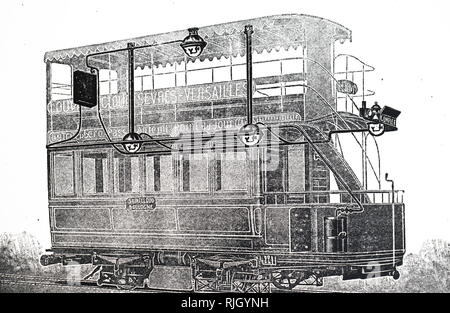 Une gravure représentant un tramway équipé de lampes acétylène. La lampe à carbure, ou des lampes à gaz acétylène, sont de simples lampes que produire et à brûler l'acétylène (C2H2) qui est créé par la réaction de carbure de calcium (CaC2) avec de l'eau. En date du 19e siècle Banque D'Images