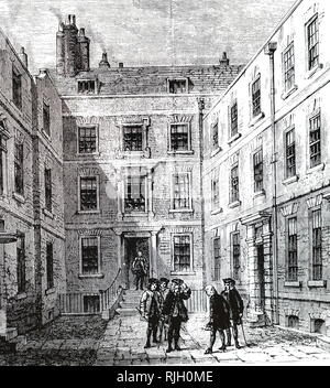 Une gravure représentant l'entrée de la Royal Society's house in Crane Court, Fleet Street, où il a eu ses chambres à partir de 1710 à 1780. En date du 19e siècle Banque D'Images