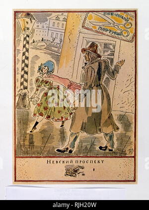 L'illustration (1929), pour "la perspective Nevski" une nouvelle de Nikolaï Gogol, publié en 1835. Nikolai Vasilievich Gogol (1809 - 1852) était un dramaturge russe d'origine ukrainienne. Dmitry Isidorovich, Mitrohin aussi Mitrokhin (1883 - 1973), artiste russe, illustrateur de livres ; Banque D'Images