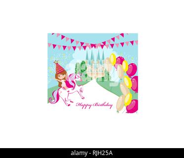 Happy little girl sur unicorn dans fantasy world Illustration de Vecteur