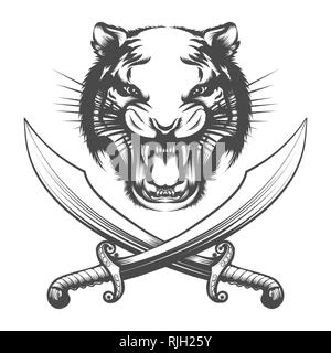 Visage de tigre et deux épées arabe isolé sur fond blanc. Vector illustration. Illustration de Vecteur