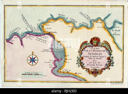 Carte de la rivière Sénégal en Afrique de l'Ouest. Vers 1850. Les missionnaires européens ont introduit le christianisme pour le Sénégal et la Casamance au 19e siècle. C'est seulement dans les années 1850 que les Français commencent à étendre sur le continent sénégalais après qu'on a aboli l'esclavage et ont commencé à promouvoir une doctrine abolitionniste Banque D'Images