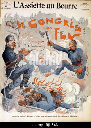 Caricature représentant des hommes d'État français Aristide Briand, Georges Clemenceau et René Viviani. 1908 Banque D'Images