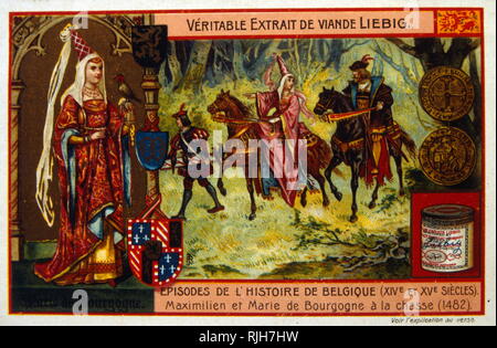 Carte Liebig montrant Maximilien et de Marie de Bourgogne, (1477) mariés. Maximilien I (22 mars 1459 - 12 janvier 1519) Le Saint Empereur Romain de 1508 jusqu'à sa mort. Mary (Marie) 1457 - 1482), duchesse de Bourgogne. Banque D'Images