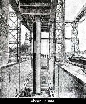 Une gravure représentant le bélier hydraulique sur le canal de La Louvière Ascenseur pour élever les abreuvoirs contenant des barges. En date du 19e siècle Banque D'Images