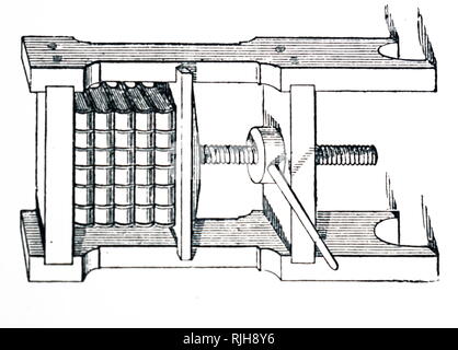 Une gravure sur bois représentant une presse à vis permanent nouvellement contenant des livres reliés. En date du 19e siècle Banque D'Images