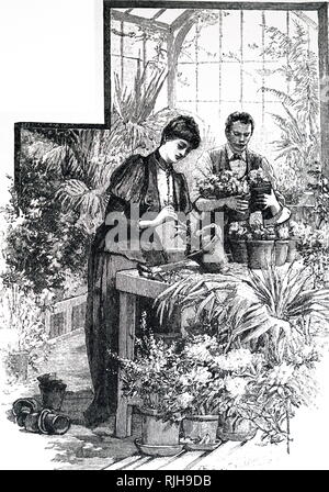 Une gravure représentant un mari et femme re-potting dans leur serre. Banque D'Images