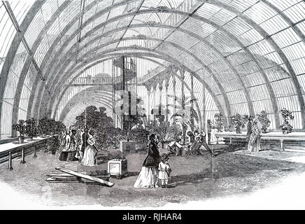 Une gravure illustrant la Palm House, une serre qui est spécialisé pour la culture des palmiers et autres plantes tropicales et subtropicales, Royal Botanical Gardens, Kew Gardens. En date du 19e siècle Banque D'Images