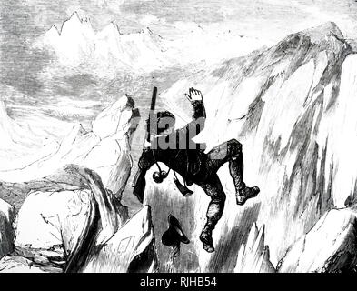 Une gravure représentant un chasseur de chamois tomber à sa mort dans les Alpes suisses. Un chamois, une espèce d'antilope de chèvres indigènes de montagne en Europe. En date du 19e siècle Banque D'Images