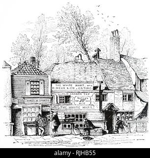 Une gravure représentant l'extérieur de The White Hart Inn, Knightsbridge, Londres. Cette auberge était une maison d'arrosage pour hackney carriages ainsi qu'un endroit de repos pour les portiers. En date du 19e siècle Banque D'Images