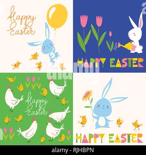 Ensemble de quatre cartes printemps pâques vecteur avec des lapins, des fleurs et des lettres Illustration de Vecteur