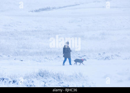 Woman walking dog dans la neige sur une froide journée d'hiver avec la neige et le givre à Rannoch Moor, Glencoe, Highlands, Scotland UK en Janvier Banque D'Images