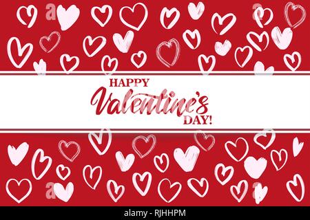 Happy Valentine s day text sur le fond des coeurs. , Valentine s day, carte de souhaits hand drawn vector illustration croquis. Lettrage calligraphie Illustration de Vecteur
