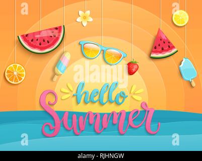 Hello Summer flyer avec symboles d'été. Illustration de Vecteur