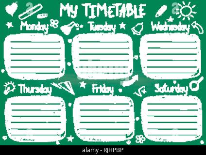 Calendrier de l'école modèle sur tableau noir avec craie écrit à la main le texte. Horaire des leçons hebdomadaires de sketchy décorées avec style hand drawn doodle école Illustration de Vecteur