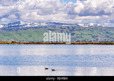 Vue panoramique vers de vertes collines et montagnes enneigées sur une froide journée d'hiver pris des rives d'un étang dans le sud de San Francisco, San Jose, Banque D'Images