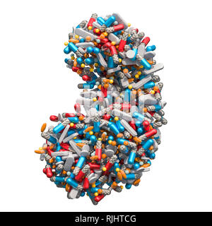 Rein de médicaments. Les traitements et les médicaments pour les maladies du rein, rendu 3D concept isolé sur fond blanc Banque D'Images