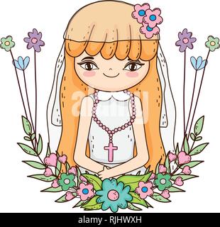 Petite fille aux fleurs gerbe célébration communion Illustration de Vecteur