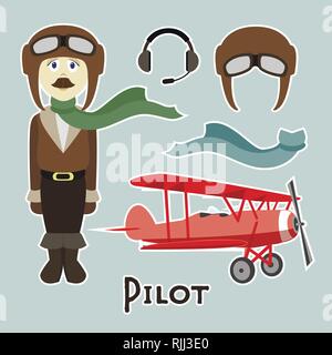 Projet pilote en uniforme, style design plat isolé sur fond lighht. Pilote d'Avatars. Vector illustration. Illustration de Vecteur