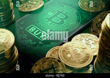 Gros plan sur un smartphone avec l'écran et l'image des Bitcoins gros buy bouton sur l'écran. Opportunités d'achat Bitcoin concept. Le rendu 3D Banque D'Images