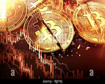 Golden est fissurée ou endommagée et la baisse des crédits des Bitcoins rouge superposition des diagrammes. La perte d'investissement Bitcoin et chute de prix concept. Le rendu 3D Banque D'Images