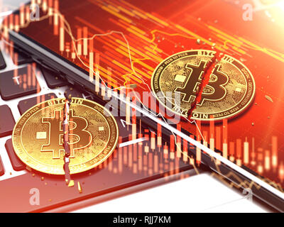 Deux pièces d'or portant sur bitcoin Smartphone avec écran de superposition des diagrammes de rouge. Baisse de prix Bitcoin concept. Le rendu 3D Banque D'Images